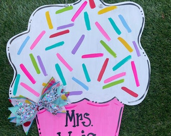 Pink Sprinkles Birthday Cupcake Door Hanger