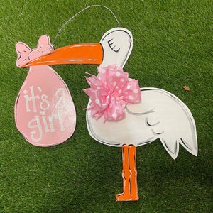 Door Hanger / Its A Girl Pink Stork Bird Wooden Door Hanger - Stork - It’s a Girl - Pink - Baby