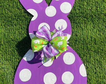 Door Hanger / Purple Polka Dot Spring Easter Bunny Wooden Door Hanger - Easter Bunny - Easter Door Hanger - Spring - Welcome Sign