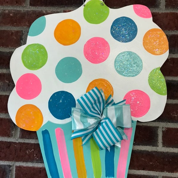 Whimsical Bright Colors Birthday Cupcake Door Hanger