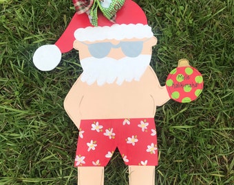 Red Hawaiian Santa Clause Wooden Door Hanger