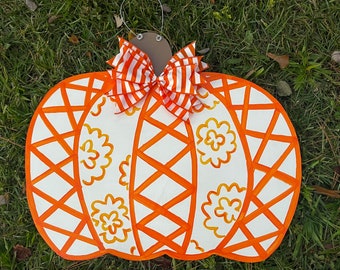 Door Hanger / Chinoiserie Orange Fall Pumpkin Wooden Door Hanger - Chinoiserie - Pumpkin - Fall