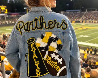 Jacket / Painted - Denim Jacket - Custom - Birthday - Football - Mom - Hand Painted - You Supply Jacket - Sports - Cheer Mom - Basketball