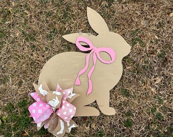 Ready to Ship - Door Hanger / Tan Easter Bunny Door Hanger - Pink Bow - Easter - Bunny - Rabbit - Spring - Farmhouse - Easter - Blonde