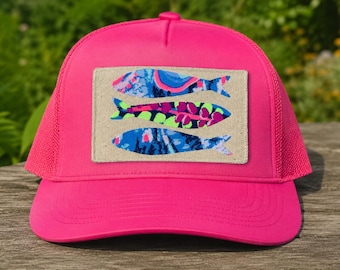 Ready to Ship - Hat / Trucker Style Hat - Cap - Pink - Pool Side - Sardines - Turquoise - Patch - Blue - Fishing - Beach - Coastal