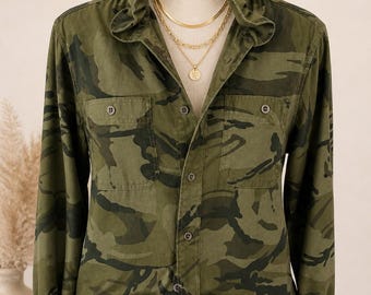 Polo Shirt / Ruffle - Upcycle Mens Shirt - Preppy - Ruffle Collar - Beach Cover Up - Casual - Camo - Green - Olive - Small