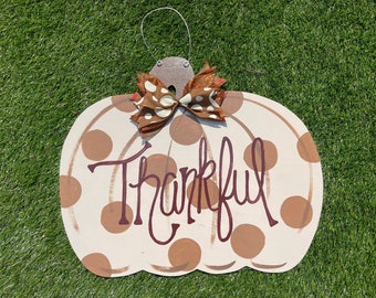 Fall Brown Polka Dot Pumpkin Wooden Door Hanger