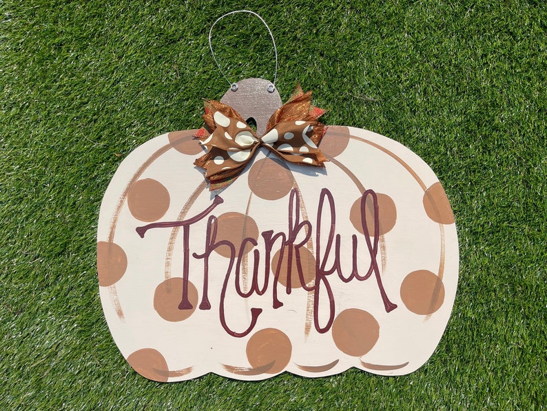 Fall Brown Polka Dot Pumpkin Wooden Door Hanger image 1