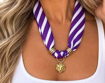 Ready to Ship - Necklace / Scarf Charm Necklace - Charms - Gold - Tiger - Purple and White Stripes - Classy - Purple - Pendant - Game Day
