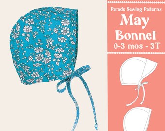 May include: A turquoise blue bonnet with white floral print and a white tie. The bonnet is shown on a white background. The text "May Bonnet 0-3 mos - 3T" is shown in white on a pink background.