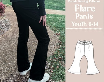 FLARE PANTS pdf sewing pattern/A0 for Youth sizes 6-14  |  video tutorial | bell bottom pants, yoga pants