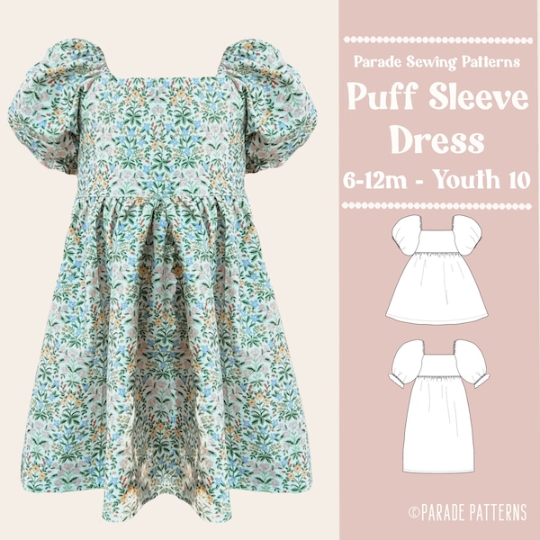 PUFF SLEEVE DRESS pdf sewing pattern/A0 |  video tutorial | dress length or midi length, 2 puffy sleeves