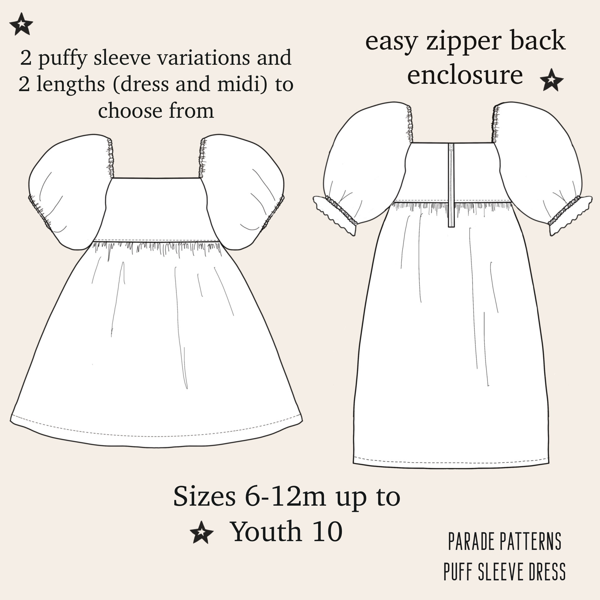 PUFF SLEEVE DRESS Pdf Sewing Pattern/a0 | Video Tutorial | Dress