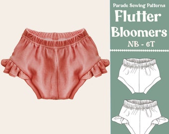 FLUTTER BLOOMERS SEWING Pattern pdf | 11 Sizes | baby bloomers sewing pattern, bloomers with ruffles, up to size 6T, video tutorial incl, A0