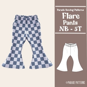 May include: A sewing pattern for flare pants for babies and toddlers, sizes newborn to 5T. The pattern includes a checkered fabric sample and a white line drawing of the pants.