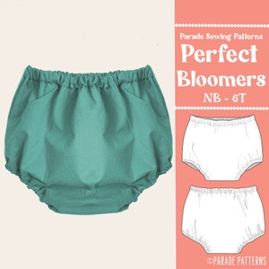 May include: A sewing pattern for making baby bloomers. The pattern includes instructions for sizes newborn to 6T. The pattern is illustrated with a white outline on a pink background. The text "Parade Sewing Patterns Perfect Bloomers NB - 6T" is displayed on the pattern.