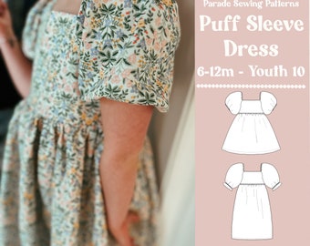 JURK MET POFFELMOUW pdf naaipatroon/A0 |  videotutorial | jurklengte of midi-lengte, 2 pofmouwen