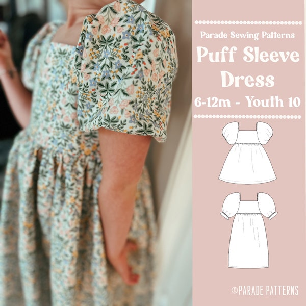 PUFF SLEEVE DRESS pdf sewing pattern/A0 |  video tutorial | dress length or midi length, 2 puffy sleeves