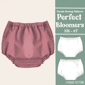 May include: Dusty rose bloomers with an elasticated waistband and pockets. The image also includes a line drawing of white bloomers and the text "Parade Sewing Patterns Perfect Bloomers NB - 6T".