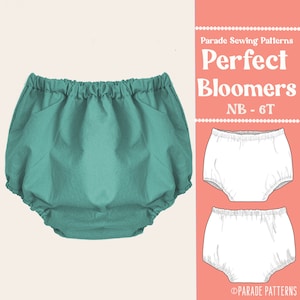 May include: A sewing pattern for making baby bloomers. The pattern includes instructions for sizes newborn to 6T. The pattern is illustrated with a white outline on a pink background. The text "Parade Sewing Patterns Perfect Bloomers NB - 6T" is displayed on the pattern.