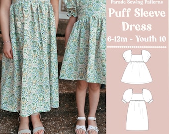 PUFF SLEEVE DRESS pdf sewing pattern/A0 |  video tutorial | dress length or midi length, 2 puffy sleeves