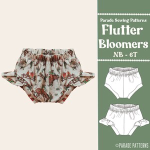 May include: A sewing pattern for Flutter Bloomers in sizes newborn to 6T. The pattern includes a line drawing of the bloomers with a ruffled hem. The pattern is available for download from Parade Sewing Patterns.