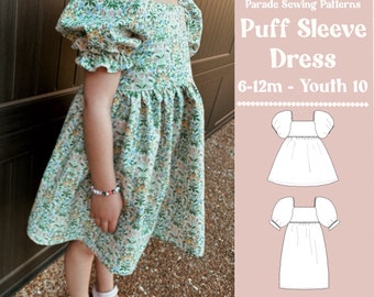 PUFF SLEEVE DRESS pdf sewing pattern/A0 |  video tutorial | dress length or midi length, 2 puffy sleeves