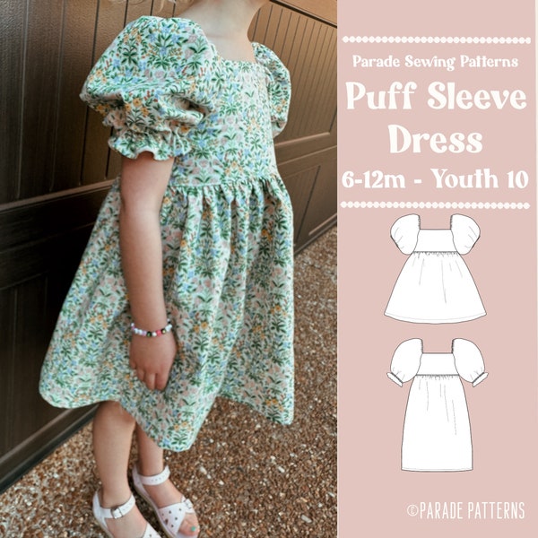 PUFF SLEEVE DRESS pdf sewing pattern/A0 |  video tutorial | dress length or midi length, 2 puffy sleeves