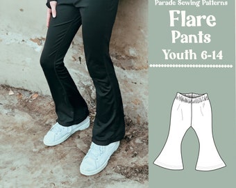 FLARE PANTS pdf sewing pattern/A0 for Youth sizes 6-14  |  video tutorial | bell bottom pants, yoga pants