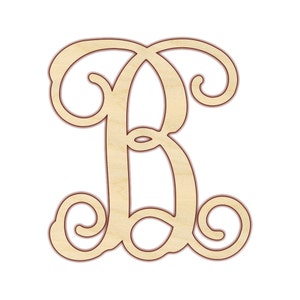 May include: Wooden cutout of the letter "B" with a decorative flourish. The letter is made of light wood and has a brown outline.