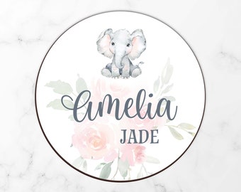 Wood Baby Name Sign, Round Wooden Personalized Nursery Decor, Elephant Floral