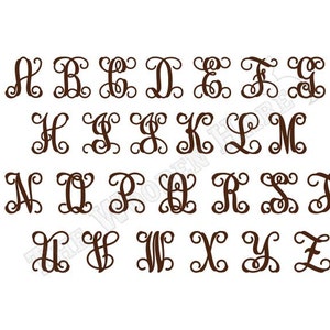 May include: A set of 26 decorative, brown, script-style letters, A through Z. Each letter is a separate, individual design.