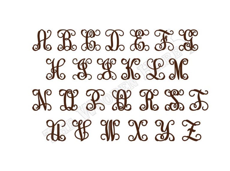 May include: A set of 26 decorative, brown, script-style letters, A through Z. Each letter is a separate, individual design.