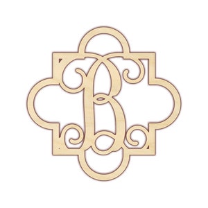 May include: Wooden cutout of the letter B in a decorative, ornate style. The letter is surrounded by a square frame with rounded corners and intricate scrollwork.