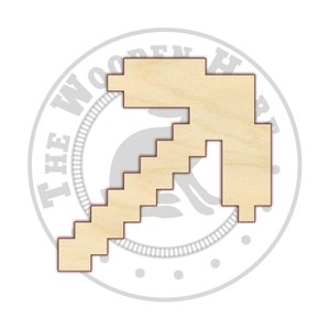 May include: A wooden cutout of a pickaxe in a pixelated style. The pickaxe is light brown and has a rounded handle.