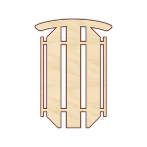 May include: A wooden sled with a simple design, featuring a curved top and three vertical slats. The sled is made of light-colored wood and has a brown outline.