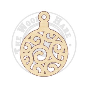 May include: A wooden Christmas ornament with a delicate, intricate design of swirls and curves. The ornament is cut out, creating a lacy effect.