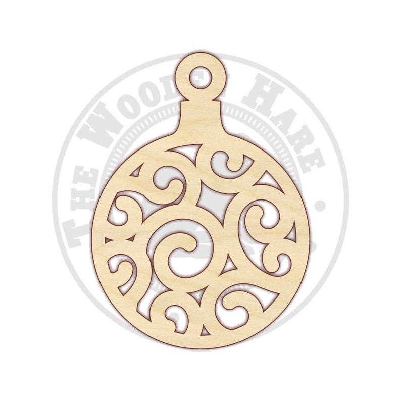 May include: A wooden Christmas ornament with a delicate, intricate design of swirls and curves. The ornament is cut out, creating a lacy effect.