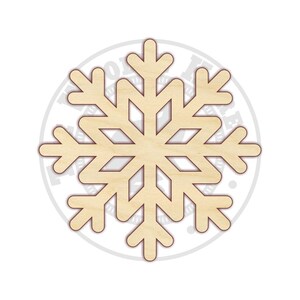 May include: A wooden snowflake ornament with a simple, intricate design. The snowflake is cut out of a light brown piece of wood and has a slightly reddish-brown outline.