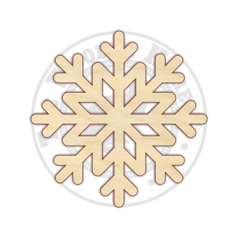 May include: A wooden snowflake ornament with a simple, intricate design. The snowflake is cut out of a light brown piece of wood and has a slightly reddish-brown outline.