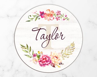 Letrero de madera con nombre floral, letreros de madera redondos personalizados