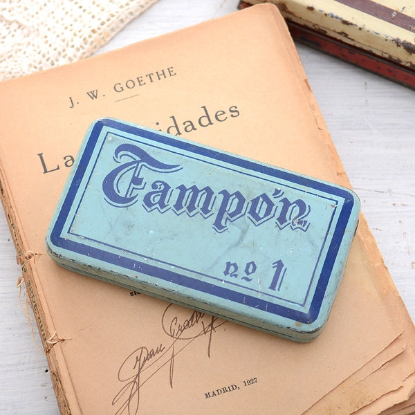 Vintage blue Tampon ink pad tin box