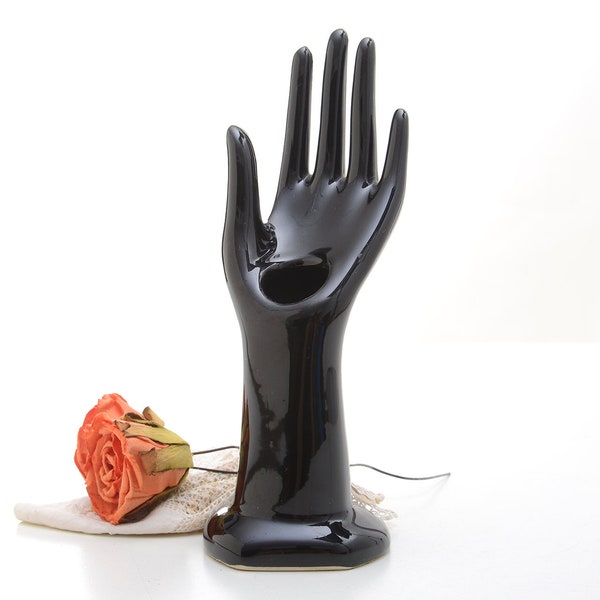 Vintage black porcelain Hand jewelry display, human hand exhibitor