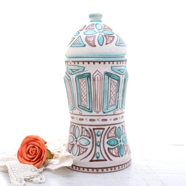 Vintage white and turquoise Spanish ceramic ginger jar with lid