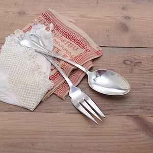 Vintage silver metal serving spoon and fork set