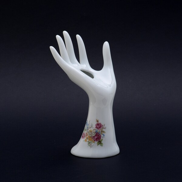 Vintage white porcelain Hand jewelry display, human hand exhibitor