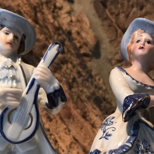 Vintage French Cottage Porcelain Figurines Holding  Lyre and Mandolin