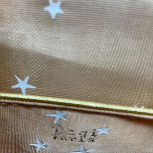 May include: A tan fabric interior lining featuring a repeating pattern of small white stars. A thin, horizontal gold-colored trim runs across the middle. The word Paris is printed in a dark, stylized font among the scattered white star pattern.