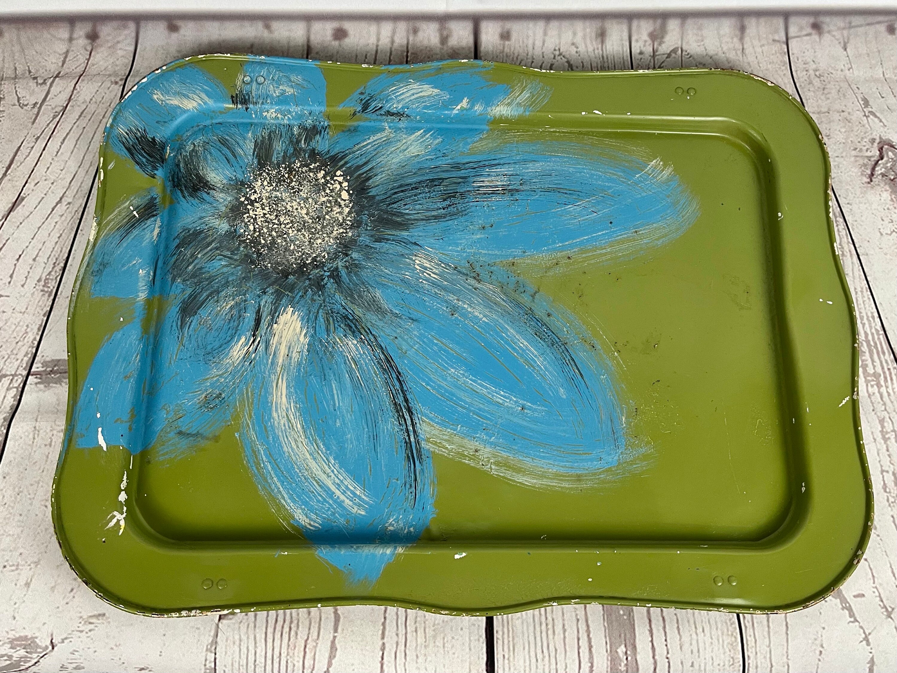 Retro Metal Snack Trays 12PC Set, Yellow With Pink Flower Roses