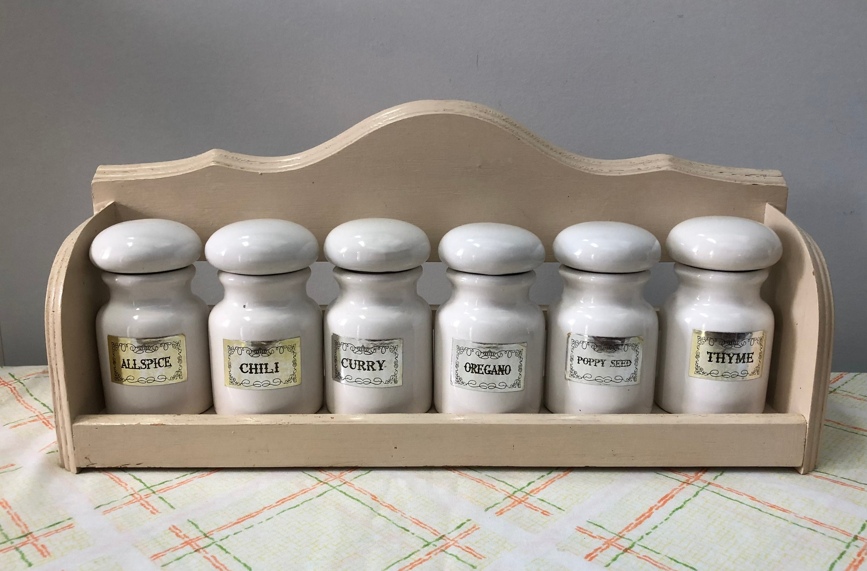 7pc Vintage Wood Spice Rack With Ceramic Mushroom Top Spice Jars Original  Labels Cottagecore Decor 